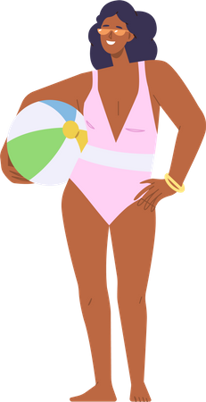 Beautiful adult woman wearing summer swimsuit and sunglasses carrying beach ball  Illustration