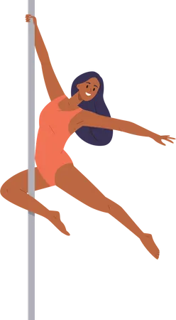 Beautiful aerial gymnast young woman character performing dance on metal pole  Illustration