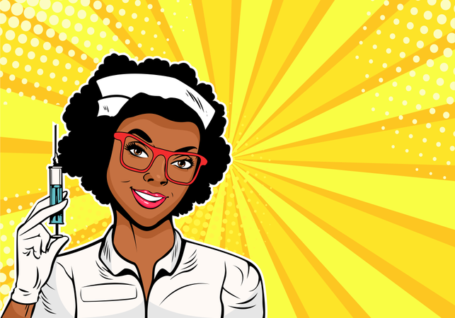 Beautiful African American nurse with a syringe for vaccination  Illustration