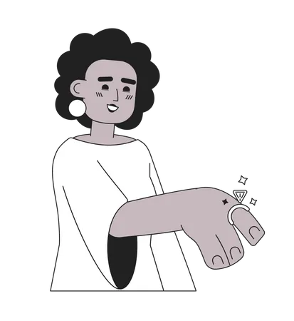 Beautiful Afro American Fiancee With Ring On Finger Monochromatic Flat Vector Character Black Wife To Be Editable Line Full Body Person On White Simple Bw Cartoon Spot Image For Web Graphic Design Illustration