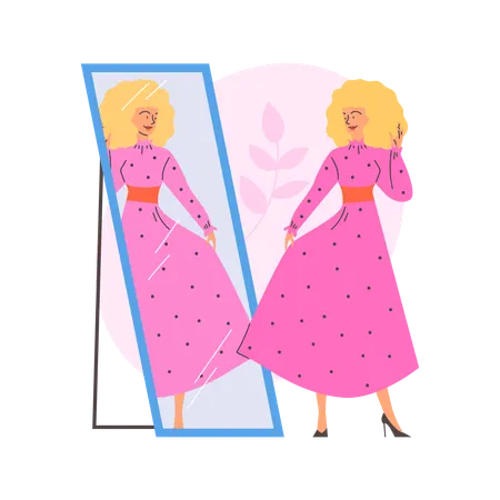 Beautiful blonde woman in pink dress posing while enjoying her reflection in mirror  Illustration