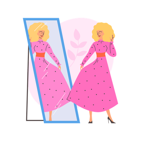 Beautiful blonde woman in pink dress posing while enjoying her reflection in mirror  Illustration