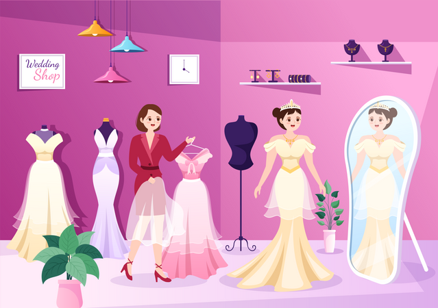 Beautiful Bridal trying dress and looking in mirror Illustration