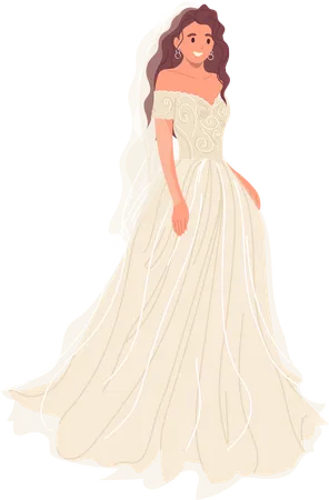 Beautiful Romantic Bride Cartoon Character Wearing Fashion Elegant Ivory Bridal Dress And Transparent Veil Trendy Fashion Outfit Isolated On White Wedding Ceremony Preparation Vector Illustration Illustration