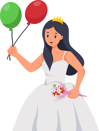 Beautiful Bride holding Balloons and flower bouquet  Illustration