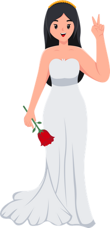 Beautiful Bride holding rose and showing victory hand  Illustration