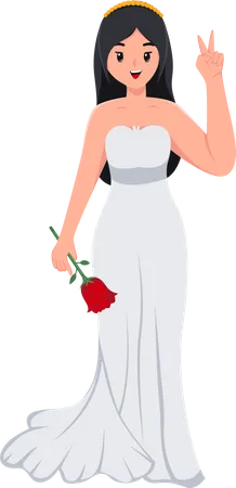 Beautiful Bride holding rose and showing victory hand  Illustration