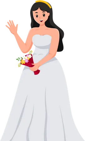 Beautiful Bride say hi while Flower Bouquet  Illustration