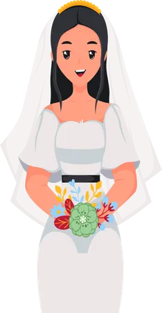 Beautiful Bride standing with Flower Bouquet  Illustration