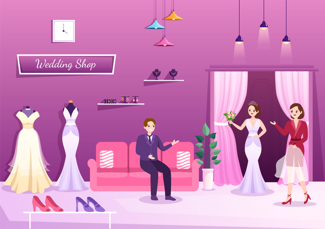 Beautiful Bride try dress at Wedding Shop  Illustration
