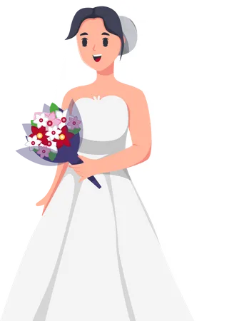 Beautiful Bride with Flower Bouquet  Illustration