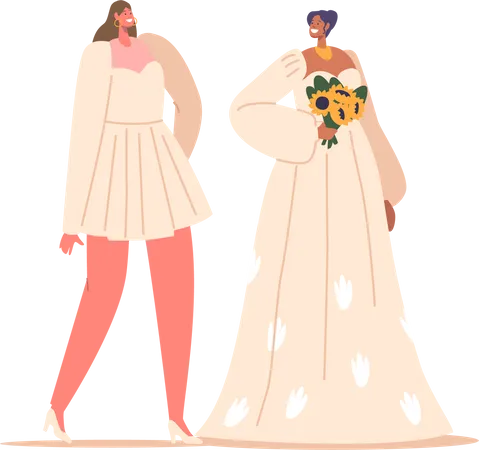Beautiful Stylish Brides In Elegant Short And Long Dresses Isolated On White Background Female Characters In Fashioned Gowns For Wedding And Marriage Ceremony Cartoon People Vector Illustration Illustration