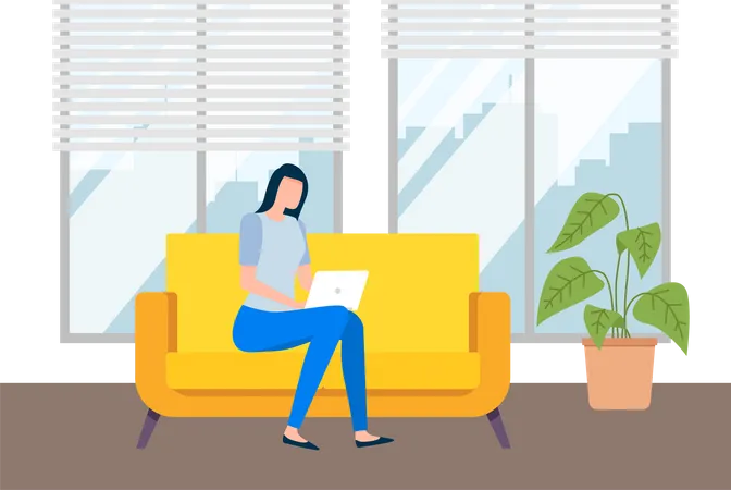 Beautiful Business Woman Working On Laptop Vector Illustration Girl Is Sitting On The Yellow Couch At Home Female Character Spends Time In Her Apartment Freelancer Is Working With A Computer Illustration