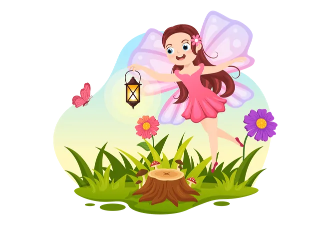 Beautiful fairy flying with lantern Illustration