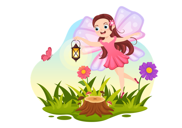 Beautiful fairy flying with lantern  Illustration