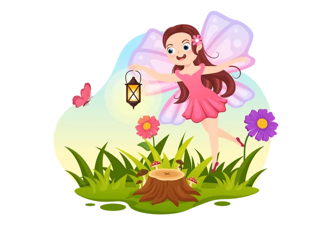 Beautiful fairy flying with lantern  Illustration