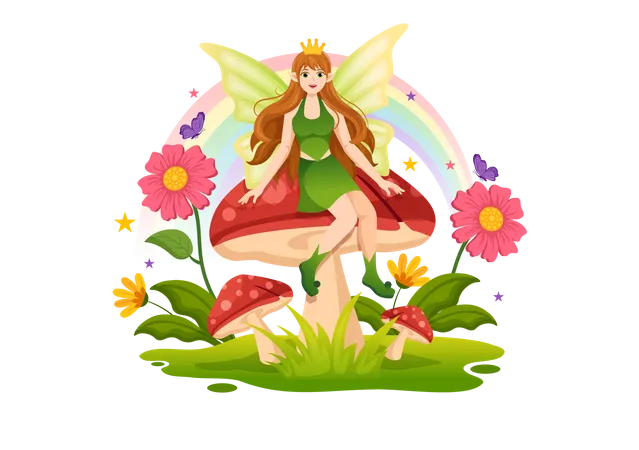 Beautiful fairy sitting on mushroom Illustration