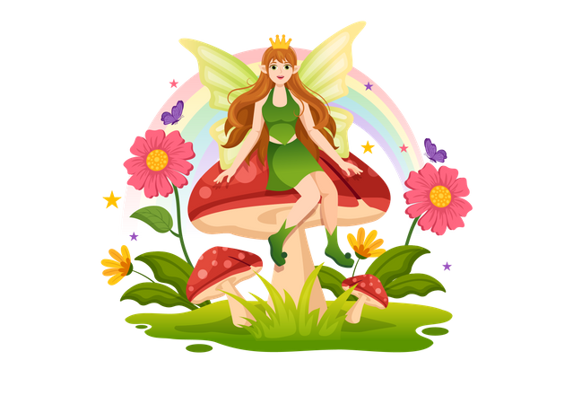 Beautiful fairy sitting on mushroom  Illustration