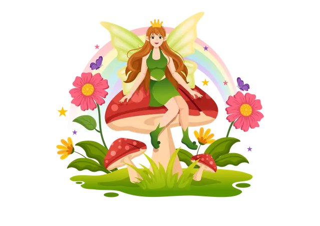 Beautiful fairy sitting on mushroom  Illustration