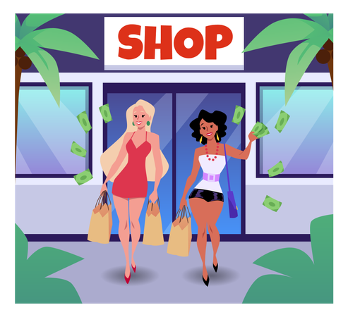 Beautiful fashion women with shopping bags leaving the store and throwing money around  Illustration