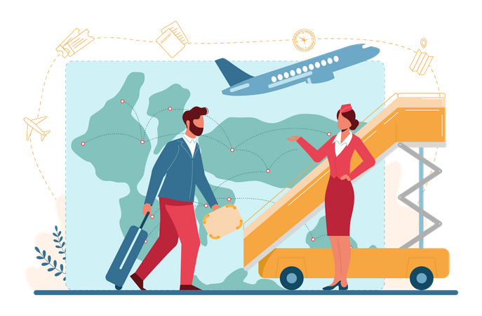 Beautiful female air hostess help passenger in airplane  イラスト