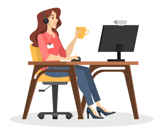 Beautiful female assistant working in help center with drinking coffee  Illustration