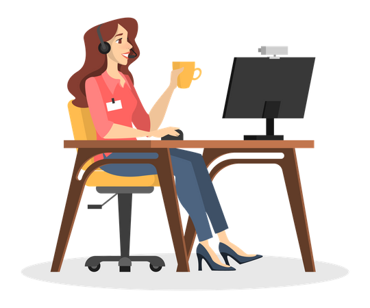 Beautiful female assistant working in help center with drinking coffee  Illustration