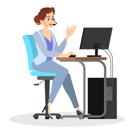 Beautiful female assistant working on computer while sitting at the desk  Illustration