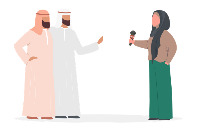 Beautiful female reporter interviewing arab man  Illustration