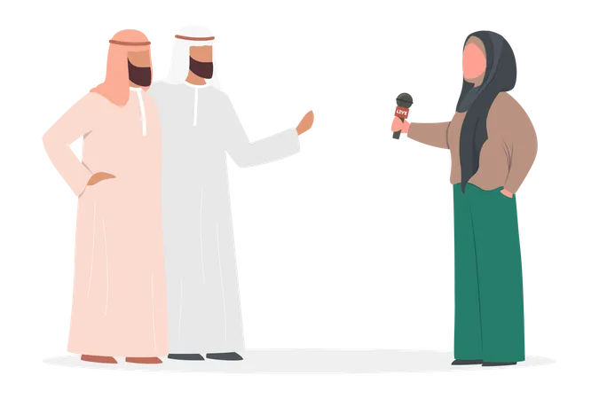 Beautiful female reporter interviewing arab man  Illustration