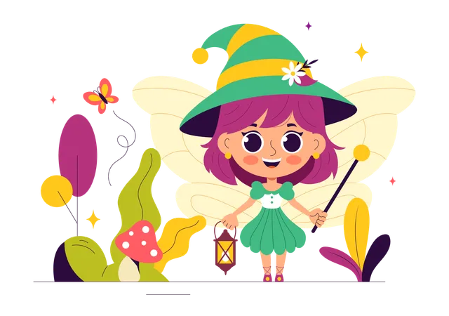 Beautiful Flying Fairy standing with lantern and wand  Illustration