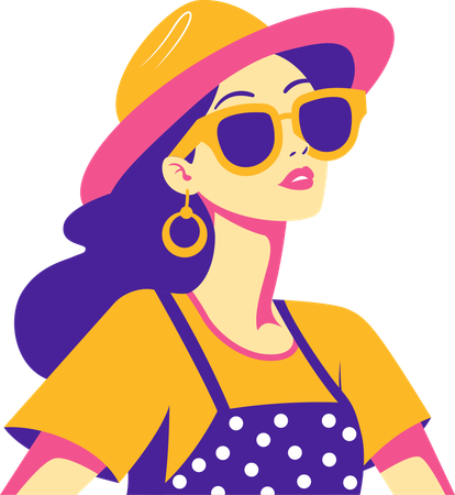 Beautiful Girl Character Wearing Sunglasses and Hat Fashion in Retro Style  Illustration