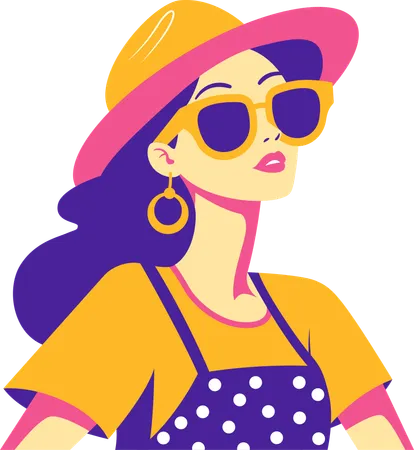 Beautiful Girl Character Wearing Sunglasses and Hat Fashion in Retro Style  Illustration