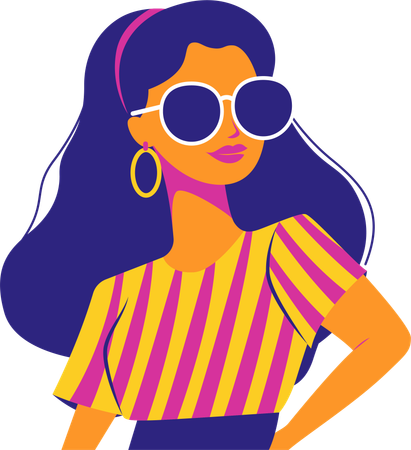 Beautiful Girl Character Wearing Sunglasses Fashion in Retro Style  Illustration