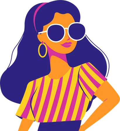 Beautiful Girl Character Wearing Sunglasses Fashion in Retro Style  Illustration