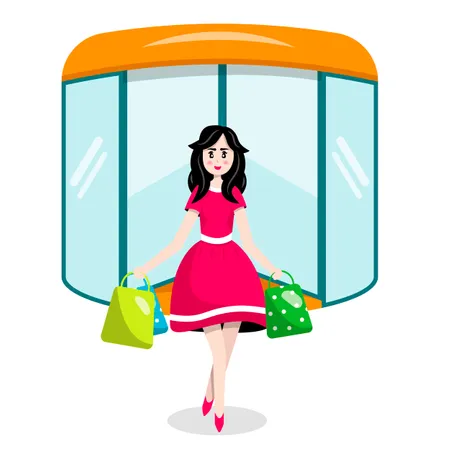 Beautiful girl comes out of the store with shopping bags  Illustration