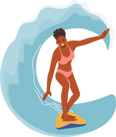 Beautiful girl doing surfing under wave Illustration