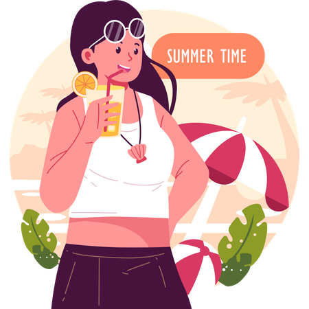Beautiful girl drinking summer juice  Illustration