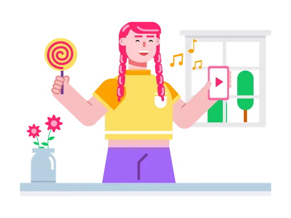 Beautiful girl eating candy along with listening to music  Illustration