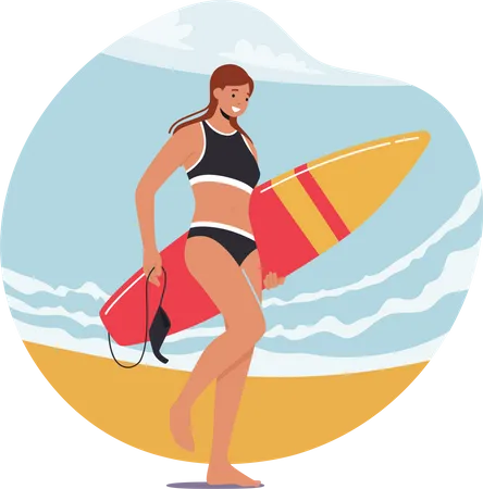 Young Woman Surfer Character In Swim Wear Walking With Board Along Sea Beach With Big Waves Surfing Extreme Fun Ocean Recreation Activity Healthy Lifestyle Cartoon Vector Illustration Illustration