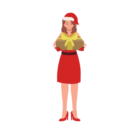 Beautiful Girl in Santa Claus Outfit and holding gift box  Illustration