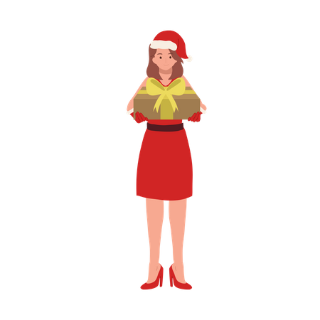 Beautiful Girl in Santa Claus Outfit and holding gift box  Illustration