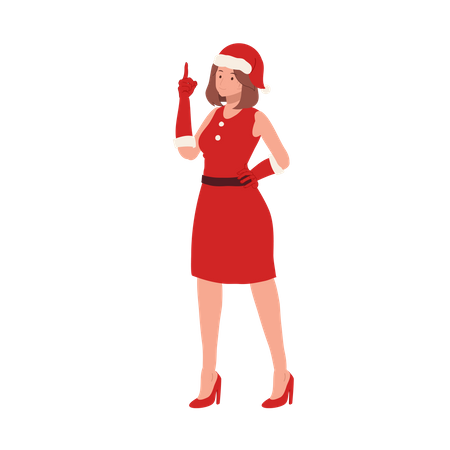 Beautiful Girl in Santa Claus Outfit and pointing up  Illustration