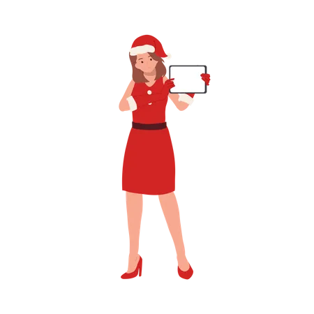 Beautiful Girl in Santa Claus Outfit and showing tablet  Illustration