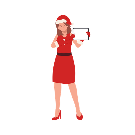 Beautiful Girl in Santa Claus Outfit and showing tablet  Illustration