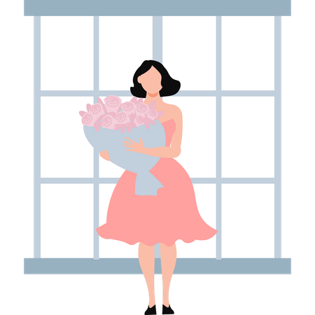 Beautiful girl is holding a bouquet of roses  Illustration