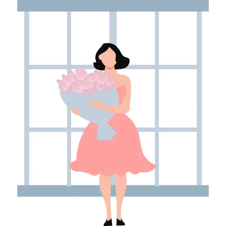 Beautiful girl is holding a bouquet of roses  Illustration