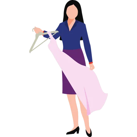 Beautiful girl is taking clothes off the hanger  Illustration