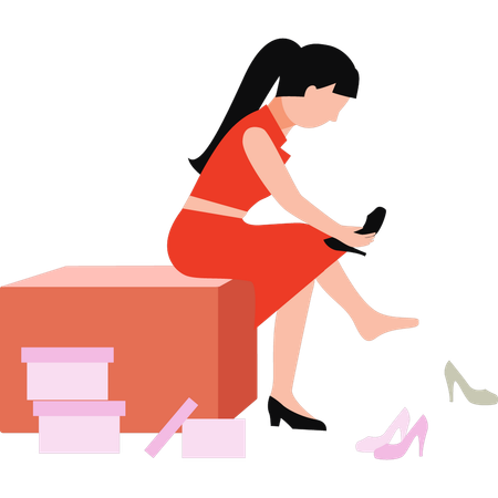 Beautiful girl is trying black heels  Illustration