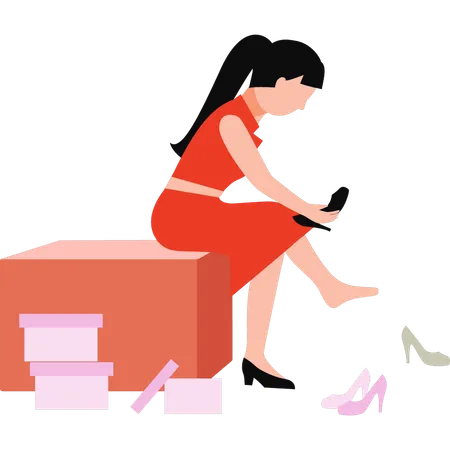 Beautiful girl is trying black heels  Illustration